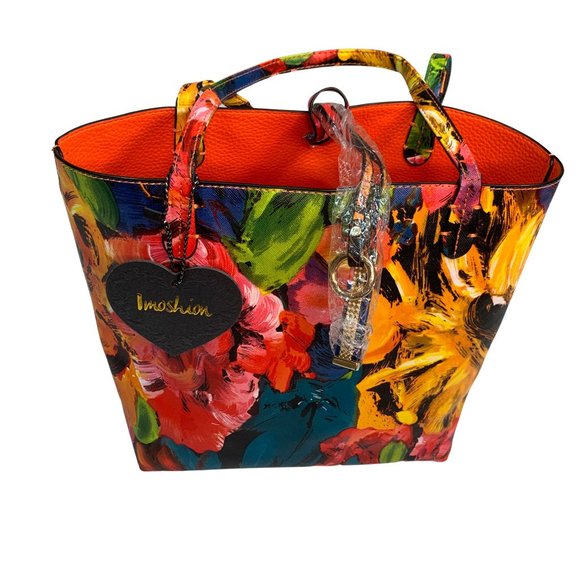 Imoshion Bags Imoshion Floral And Orange Pebbled Vegan Leather Tote Bag Nwot 2 In Bag Poshmark